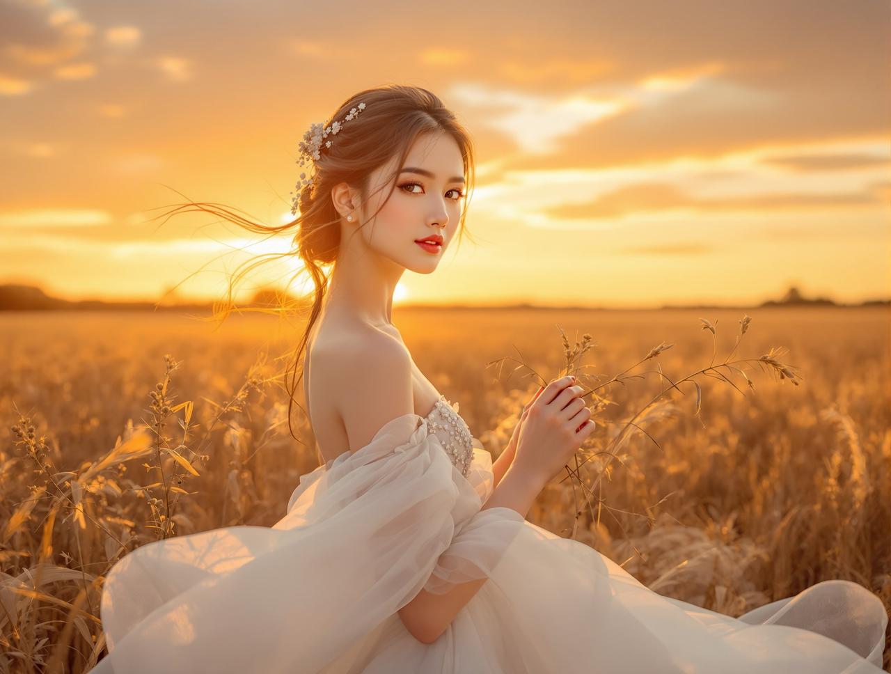 每日福利首页精选 - 优雅年轻女性身着飘逸白裙站在金色夕阳田野中，唯美艺术写真 - 每日福利