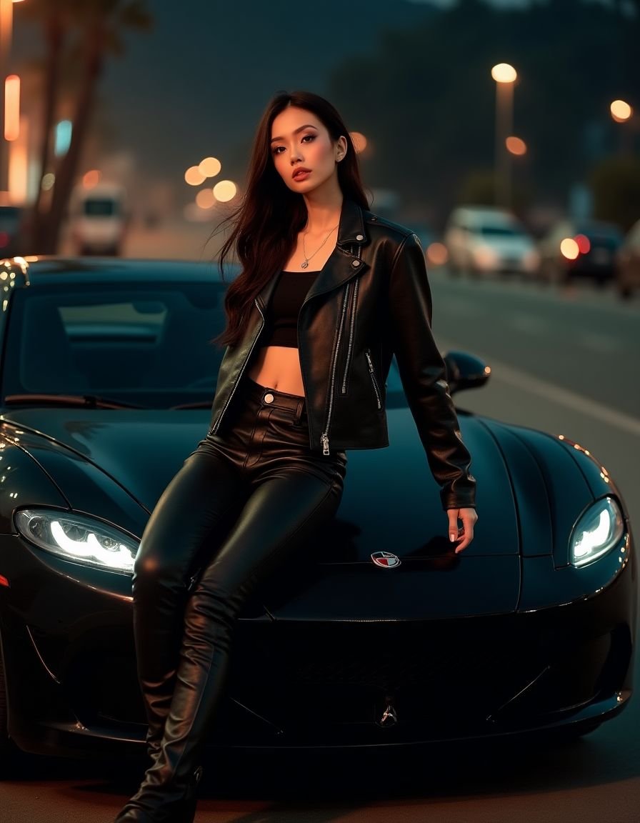 跑车女神 - 身着皮夹克靠在豪华跑车上的中国女性 - 每日福利